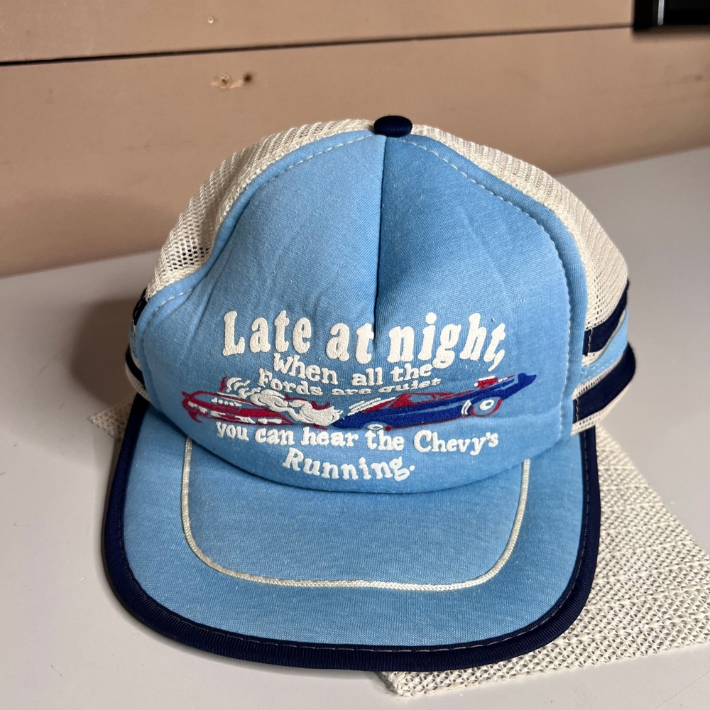 Vintage San Sun Chevy vs Ford Trucker Hat Blue White Mesh Snapback Funny Racing